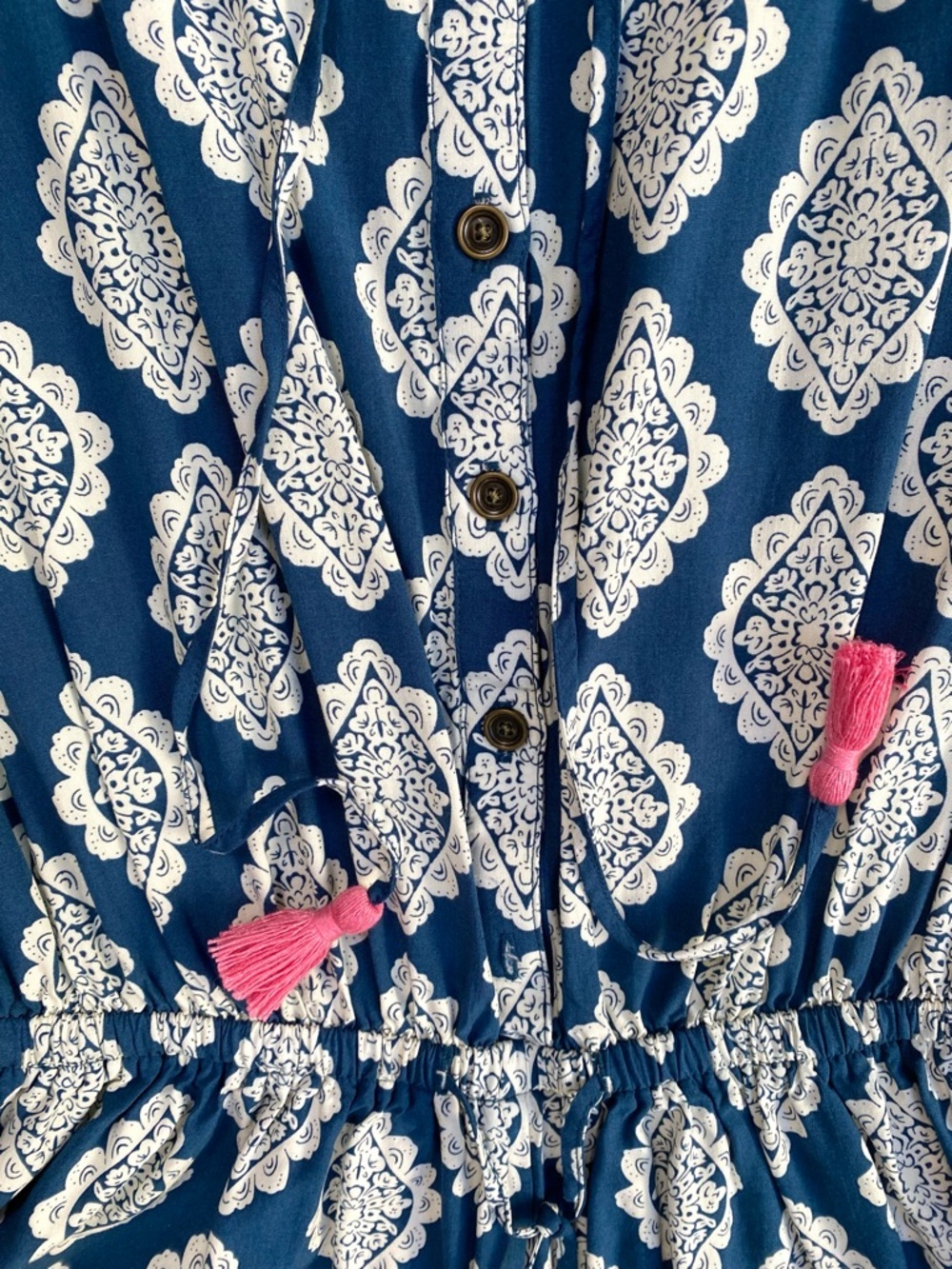 Matilda Jane Blue White Tile Print Tassel Pocket Romper, Size S - Picture 6 of 10